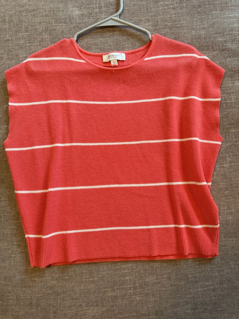Ann Taylor Coral Red and White Striped Short Sleeve Knit Top